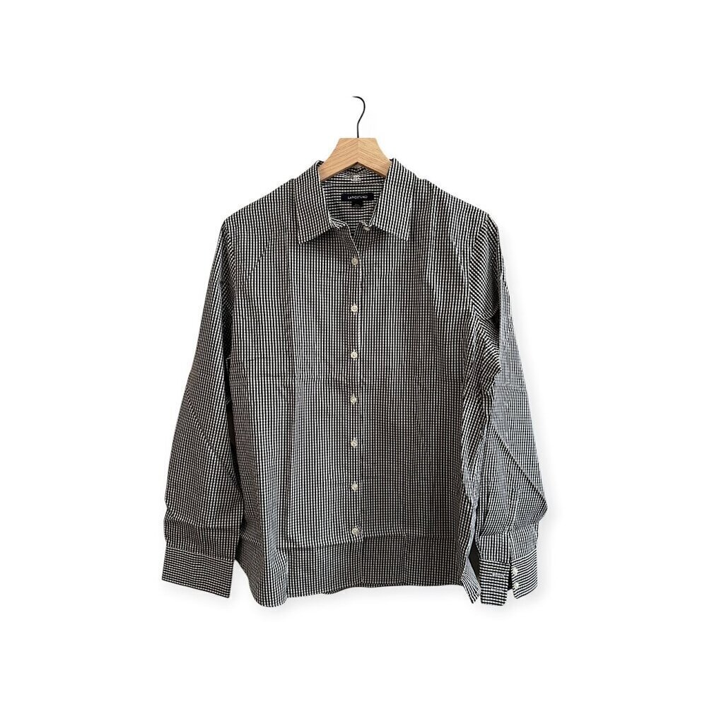 Lands' End Women's Black and White Gingham Plaid Shirt, Supima Cotton, Size 14